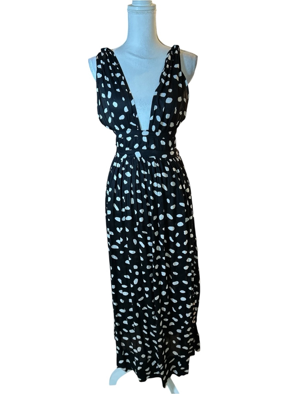 Black and White Polka Dot Maxi Dress - Deep V Waist Open Back